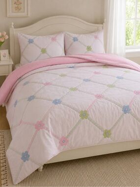 Pottery Barn Kids Pink  Floral Patchwork Duvet Cover - Reverse Pink w/Dots